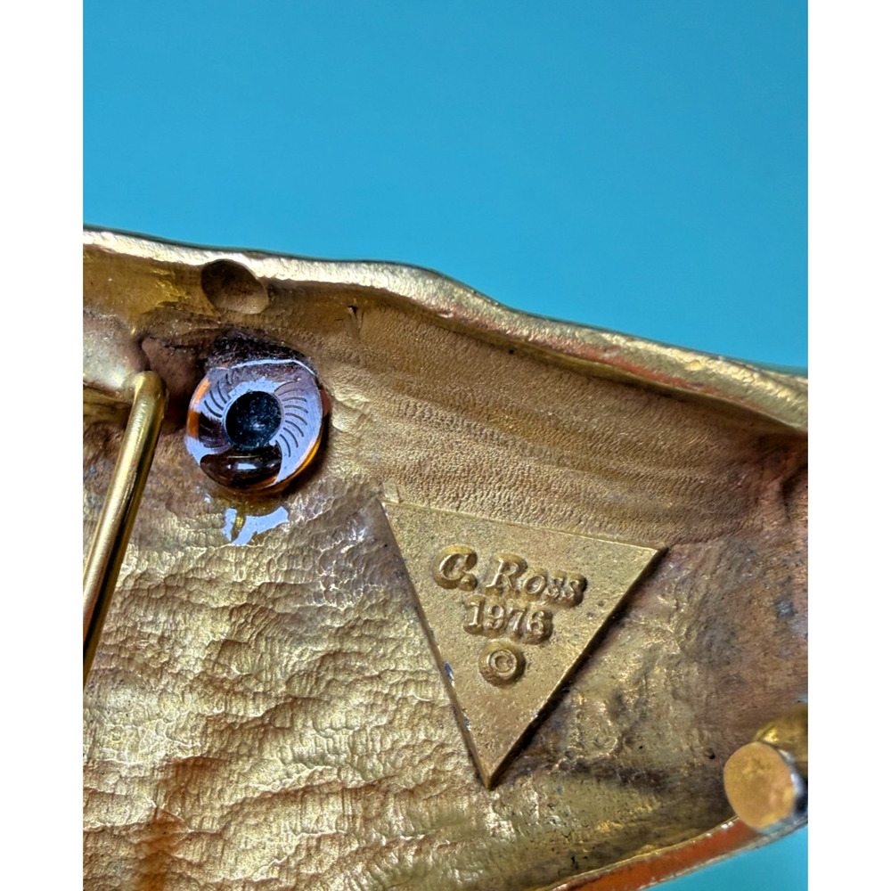 Christopher Ross Signed Belt Buckle 1976 Gold Plated Deer Head Glass Eye Vintage - Picture 4 of 5